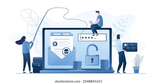 Fondo del concepto de phishing de datos. Estafa en línea, malware y phishing de Contraseña. Usuario con ordenador portátil y grupo de hackers en el ordenador de ataque de la máscara. Problema de seguridad financiera. Ilustración vectorial plana