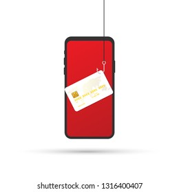 Data Phishing, credit or debit card on fishing hook, internet security. Vector stock illustration.
