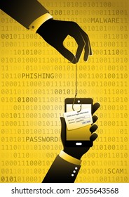 Data Phishing, credit or debit card on fishing hook, mobile phone, internet security