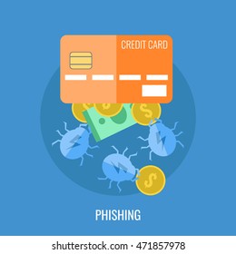 Data Phishing, credit or debit card, internet security. Flat design vector illustration. Credit card fraud, theft of bank data.