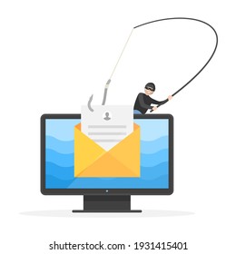 Data Phishing, Email Hacking, Online Scam Internet Crime. Burglar Criminal Attack And Theft, Hacker Stealing Private Mail Document With Fishing Hook Vector Illustration Isolated On White Background