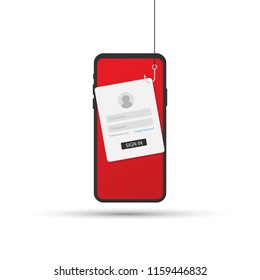 Data Phishing with fishing hook, mobile phone, internet security. Vector stock illustration.
