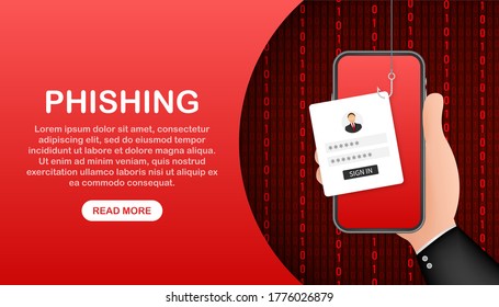 Data Phishing with fishing hook, mobile phone, internet security. Vector stock illustration.
