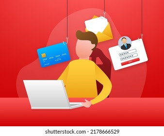 Phishing mit Angelhaken, Handy, Internetsicherheit. Vektorgrafik.