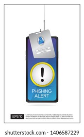 Data phishing with fishing hook, smartphone, cyber security concept. EPS 10 vector.
