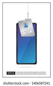 Data phishing with fishing hook, smartphone, cyber security concept. EPS 10 vector.