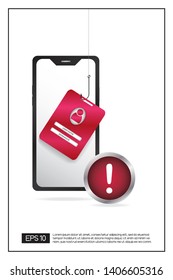 Data phishing with fishing hook, smartphone, cyber security concept. EPS 10 vector.