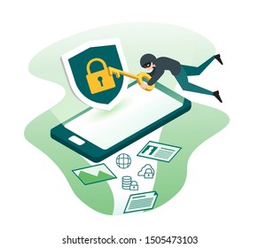 Data phishing, hacker attack, data protection, privacy and personal information security concept with smartphone and shield illustration