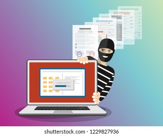 Data phishing, hacker attack. Thief hacker in mask stealing personal information from laptop. Useful for anti phishing and internet viruses campaigns. Concept hacking . Vector Illustration.