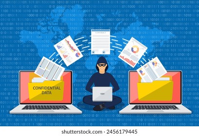 Data phishing, hacker attack.Thief hacker in mask stealing personal information from laptop. Concept hacking. Vector illustration in flat style