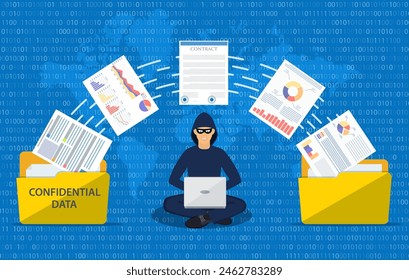 Data phishing, hacker attack.Thief hacker in mask stealing personal information from laptop. Concept hacking. Vector illustration in flat style