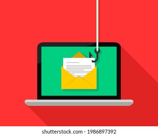 Data phishing, hacker stealing document or file from envelope, letter, inbox, mail, email displayed on laptop screen with a fishing hook. Hacking attack, cyber crime, spyware and risk concept.