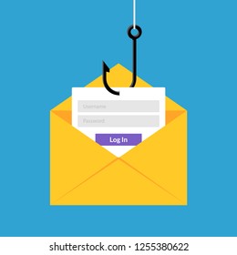 Data phishing hacking online. Scam envelope concept. Computer data fishing hack crime.