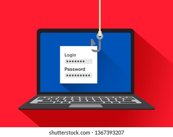Data phishing, hacking online scam on computer laptop concept. Fishing by email, envelope and fishing hook. Vector illustration