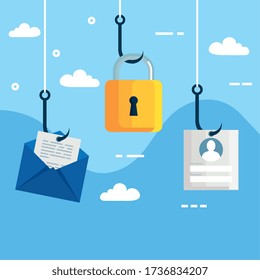 Data Phishing Hacking Online Scam Concept, With Icons In Hook Vector Illustration Design