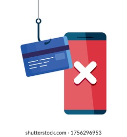 concepto de estafa en línea de robo de datos mediante phishing, con diseño de ilustración vectorial de gancho de smartphone y tarjeta de crédito