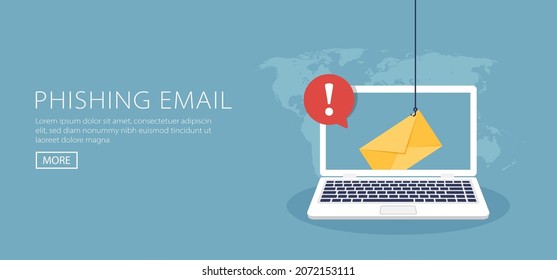 Data phishing, hacking online scam on computer laptop concept. Fishing by email, envelope and fishing hook symbol.