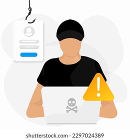 Data phishing, hacking online scam on computer laptop concept. Hacker attack and web security concept. Fishing by email, envelope and fishing hook. Cyber thief. Vector illustration. 