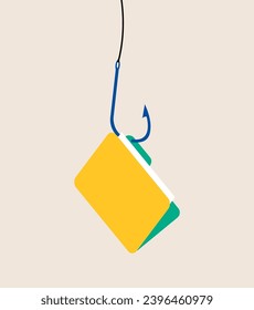 Data phishing hacking online scam concept, with file document hook. Colorful vector illustration
