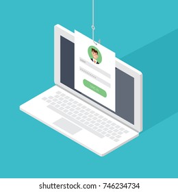 Data phishing, hacking online scam on computer laptop concept. Fishing by email, envelope and fishing hook. Cyber thief. Vector illustration.