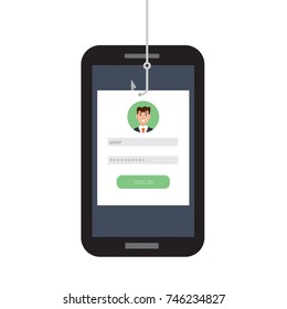 Data phishing, hacking online scam on smartphone concept. Fishing by email, envelope and fishing hook. Cyber thief. Vector illustration.