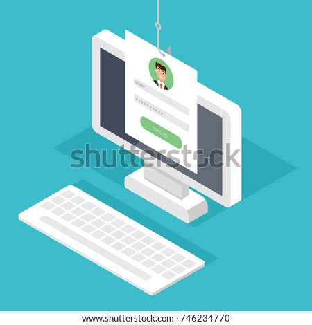 Data phishing, hacking online scam on computer Desktop concept. Fishing by email, envelope and fishing hook. Cyber thief. Vector illustration.