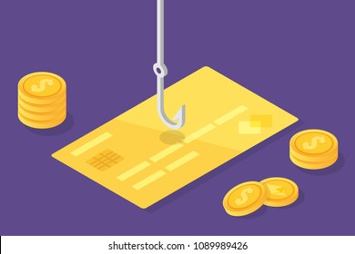 Data phishing isometric, hacking online scam. Fishing by email, credit card and fishing hook. Cyber thief. Vector illustration.