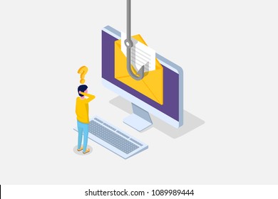 Data phishing isometric, hacking online scam on desktop concept. Fishing by email, envelope and fishing hook. Cyber thief. Vector illustration.