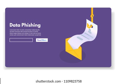 Suplantación de identidad (phishing) de datos isométrica, estafa de hackeo en línea. Pesca por correo electrónico, sobre y anzuelo de pesca. Un ladrón cibernético. Ilustración vectorial.