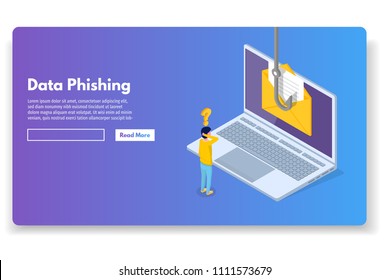 Data Phishing Isometric, Hacking Online Scam. Fishing By Email, Envelope And Hook. Cyber Thief. Vector Illustration.