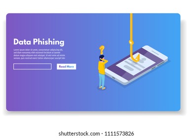 Data phishing isometric, hacking online scam. Fishing by email, envelope and hook. Cyber thief. Vector illustration.