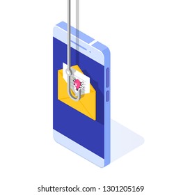 Data phishing isometric, hacking online scam on smartphone concept. Fishing by email. Cyber thief. Vector illustration.