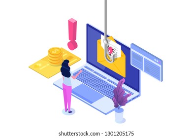 Data phishing isometric, hacking online scam on laptop concept. Fishing by email. Cyber thief. Vector illustration.