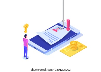 Data phishing isometric, hacking online scam on smartphone concept. Fishing by email. Cyber thief. Vector illustration.