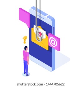 Data phishing isometric, hacking online scam on smartphone concept. Fishing by email. Cyber thief. Vector illustration.