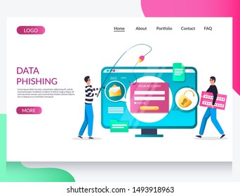 Data phishing vector website template, web page and landing page design for website and mobile site development. Online scam, hacker attack, malware, cyber crime, password phishing.