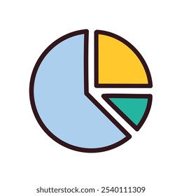 Data pie chart graphic. Colorful pie chart visualizing data segments, illustrating proportions and distribution.  Represents balanced data analysis.
