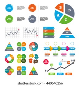 Data pie chart and graphs. Angle 45-360 degrees icons. Geometry math signs symbols. Full complete rotation arrow. Presentations diagrams. Vector