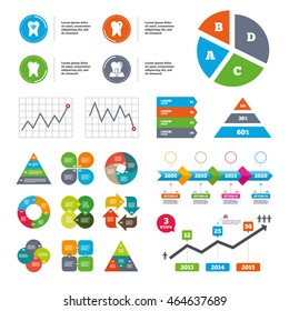 Data pie chart and graphs. Dental care icons. Caries tooth sign. Tooth endosseous implant symbol. Tooth crystal jewellery. Presentations diagrams. Vector