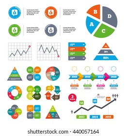 Data pie chart and graphs. Money bag icons. Dollar, Euro, Pound and Yen speech bubbles symbols. USD, EUR, GBP and JPY currency signs. Presentations diagrams. Vector