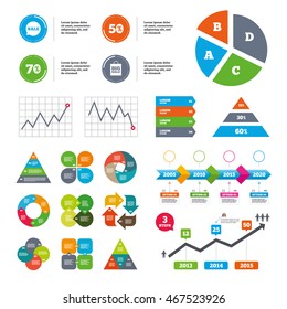 Data pie chart and graphs. Sale speech bubble icon. 50% and 70% percent discount symbols. Big sale shopping bag sign. Presentations diagrams. Vector