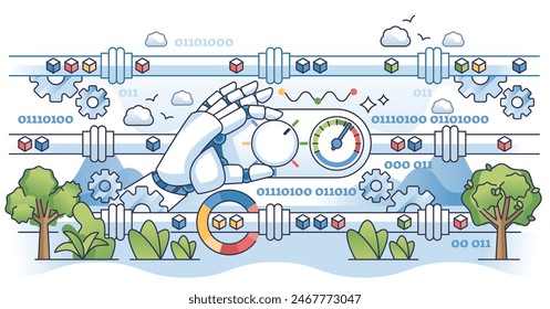 Data pipeline automation for information structuring outline hands concept. Info stream flow management using artificial intelligence technology as effective tool for filtering vector illustration.