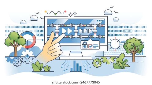 Datenpipeline-Software für die Automatisierung von Web-Informationen skizziert Hands-Konzept. Sichere Datenbankstrukturierung und -verwaltung mittels KI-Anwendung für eine effektive automatische Vektorillustration von Prozessen.