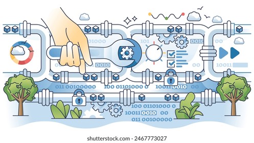 Las herramientas de canalización de datos para la automatización del flujo de información delinean el concepto de manos. Tecnología para una estructuración eficaz de la información, análisis y Ilustración vectorial de análisis. Ordenación y gestión de datos sin formato.