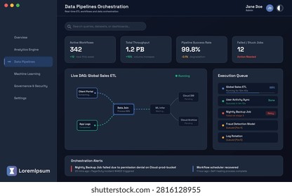Data pipelines orchestration dashboard displaying performance metrics, a live DAG workflow, and an execution queue in dark mode