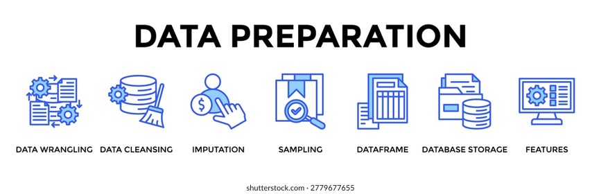 Data Preparation Banner Web Icon Set Collection Pack Vector Illustration Concept Containing Data Wrangling, Data Cleansing, Imputation, Sampling, Dataframe, Database Storage, Features