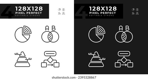 Data presentation linear icons set for dark, light mode. Charts and diagrams. Marketing report. Business decision. Thin line symbols for night, day theme. Isolated illustrations. Editable stroke