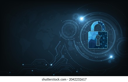 Data prevent and Internet security concept.Security Padlock lock  icon on dark blue background.Technology for online data access defense against hacker and virus.Technology security concept. 