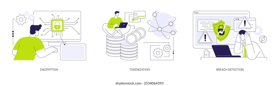 Conjunto de ilustrações de vetor de conceito abstrato de privacidade de dados. Especialista em TI trabalha em criptografia, conexão de rede segura, processo de geração de tokens, segurança cibernética, metáfora abstrata de detecção de violação de dados.