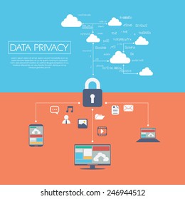 Datenschutz in der Cloud-Computing-Technologie mit Symbolen für digitale Geräte und Anwendungen für Computer. Eps10 Vektorgrafik.